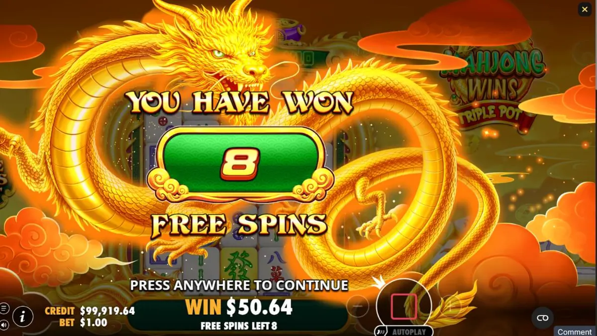 Tampilan visual slot Mahjong Wins Triple Pot dengan tema naga dan ubin mahjong