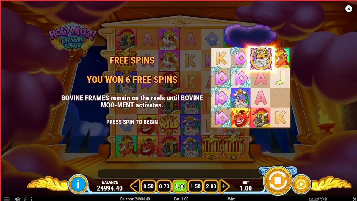 Tampilan visual karakter sapi Zeus dalam slot Holy Moo! Extreme Power
